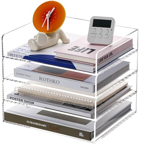 SANRUI 4er Set Dokumentenablage A4, Stapelbar Briefablage querformat aus Acryl, Stabiler Ablage Schreibtisch Organizer für Büro&Home, Moderne Ablagefächer Ablagekorb Transparent,31,5 x 22,5 x 26,5 cm