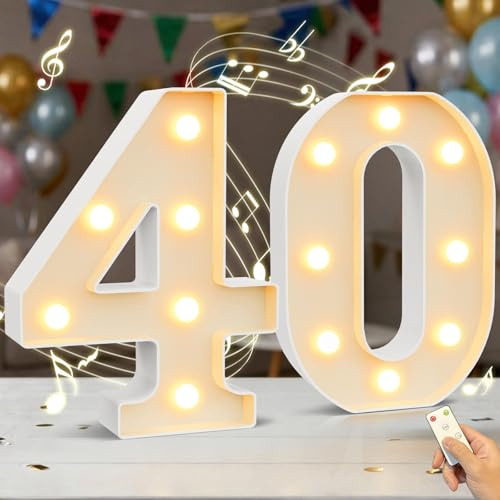 LED Zahlen Lampe Nummer 40 mit Happy Birthday-Musik für Jungen und Mädchen | Warmes Weiß LED Leuchtzahlen Mit Fernbedienung für Geburtstagsdekoration Zuhause Familie WandDeko, Batteriebetrieb