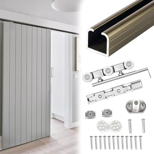 Kit Puerta Corredera Oculta Riel para Puerta Corredera de Funcionamiento Silencioso, Herrajes para Puerta Corredera Empotrada con Rodillos, Kit de Riel de Montaje Superior(Champagne,148in/375cm)