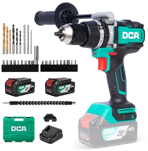 DCA Perceuse-visseuse à percussion 20 V brushless, couple 120 Nm, mandrin métal 13 mm, embrayage 24+1+1, 32000 coups/min, avec 2 batteries 4,0 Ah pour brique, métal et bois