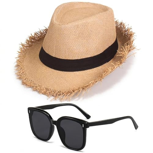 JynxtoyZeal Cappello di Paglia Panama per Donna e Uomo Unisex,Cappello Panama Intrecciato, Occhiali da Sole, Ideale per Le Vacanze in Spiaggia, in Giardino