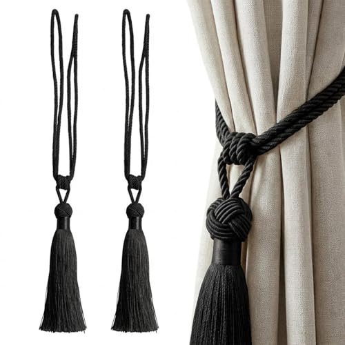 TopHomer Alzapaños de cortina – 9 opciones de color, hecho a mano, trenzado, nudo de cuerda, alzapaños de cortina de estilo europeo, para cortinas decorativas para el hogar, oficina, ventana (2, negro