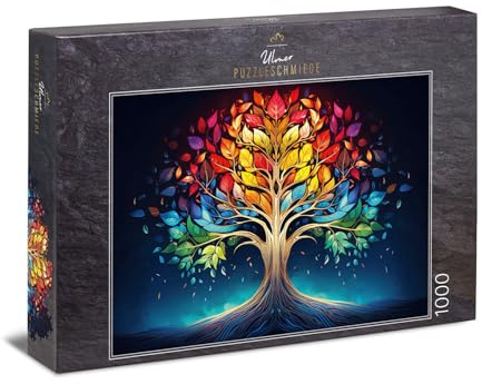 Puzzle 1000 pezzi Albero della vita nel cielo notturno – Albero luminoso della vita con corona colorata nella notte buia – simbolo di crescita e legame – Qualità puzzle Made in Germany