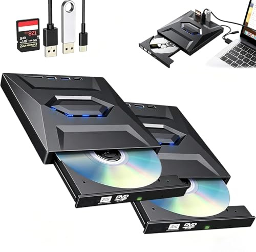 7-in-1 External Blu Ray Drive, USB 3.0/Type-C Portable BD/DVD/CD Burner Reader Writer with USB Hub SD/TF Card Reader, 6X Blu-ray Optical Drive for Laptop Desktop PC (Black-2pc)