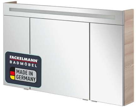 FACKELMANN B.CLEVER Spiegelschrank – 120 x 70,5 x 15,5 – Moderner Badezimmerschrank in Braun hell mit LED-Beleuchtung und Softclose-Funktion, Made in Germany