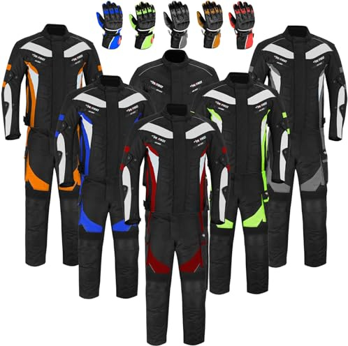 Waterproof Motorbike Motorcycle 2 Piece Full Suit with Gloves Cordura Fabric (Black, L - 40 Chest / 34 Waist + Free Gloves)