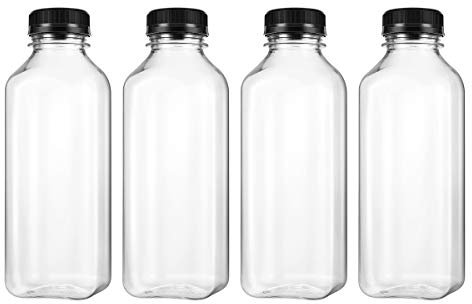 UKCOCO 4 Unids PET Plástico Vacío Recipientes de Almacenamiento Botellas con Tapas Tapas Bebidas Botella de Bebida Botella de Jugo Tarro (Tapas Negras)
