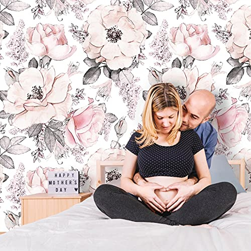 Coloritto Removable Peel 'n Stick Wallpaper, Self-Adhesive Wall Mural, Watercolor Pink Floral Pattern, Nursery Room Decor • Girl's Peonies & Roses (Sample 12 W x 8 H)