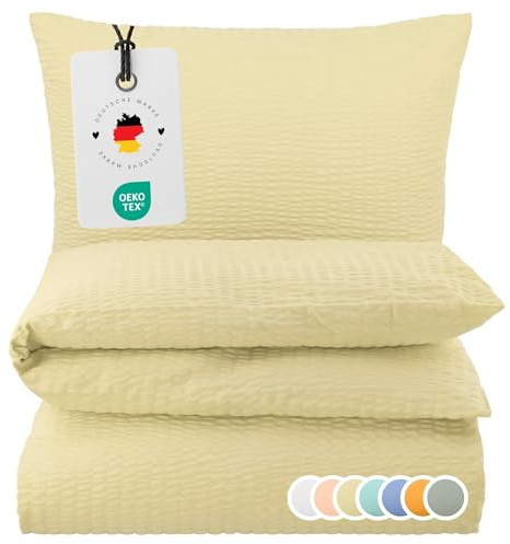 Carpe Sonno Seersucker Bettwäsche 155x220 cm Baumwolle – Beige bügelfrei | Kühlende Sommerbettwäsche mit Reißverschluss, bügelfrei | Deckenbezug + Kissenbezug 80x80 | ganzjährig, pflegeleicht