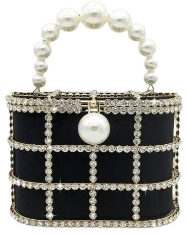 Synthetic Pearl Top-Handle Women Metal Bucket Bag Crystal Evening Purses and Clutches Formal Wedding Handbags, Black, M
