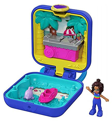 Polly Pocket GKJ44 - Shanis Tropischer Strand-Schatulle mit mobilem Eiswagen, Surfbrett, Delfinfigur, Foto Personalisierung, Shani Minipuppe und Stickerbogen; Spielzeug für Kinder ab 4 Jahren