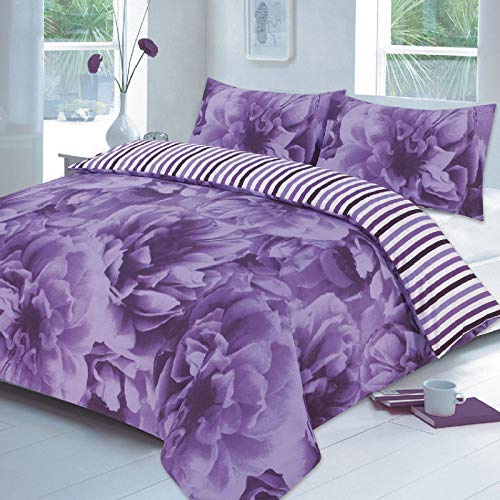 EGYPTO Cotton Polyester Rose Printed Duvet, Quilt Cover Set - Soft Bedding Set with Pillow Case (King: 1 x Duvet Set Size: 218 x 227cm Approx. 2 x Pillow Cases Size: 50 x 75cm Approx., Lilac)
