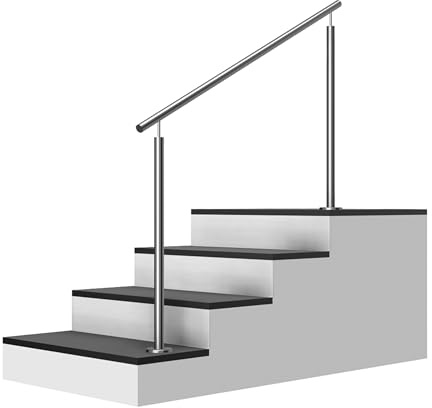 Edelstahl Treppengeländer Aufmontage, 1,8m lang, 0,9m hoch, Außengeländer, je 2 Pfosten ohne Querstreben + Handlauf mit Trägerplatten + Zubehör, Winkelverstellbar (L:1800mm H:900mm)
