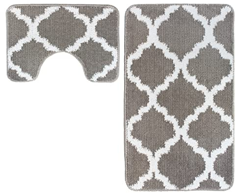 La Maison Non Slip Striped 2 Piece Bath Mat & Pedestal Mat Lattice Geometric Bath Set (Grey)