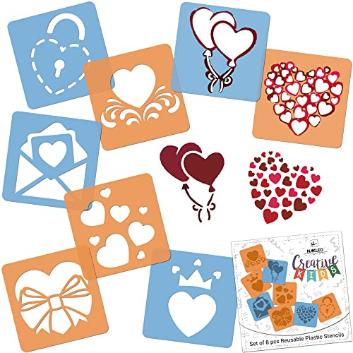 NAKLEO Stencil di Pittura per Bambini, 8 Pezzi 15x15cm Amore Cuori, Modelli Plastica e Riutilizzabili di Disegno Creativo, Sagome DIY Decorazione Arte e Artigianato, Carta Muro Legno Tessuto