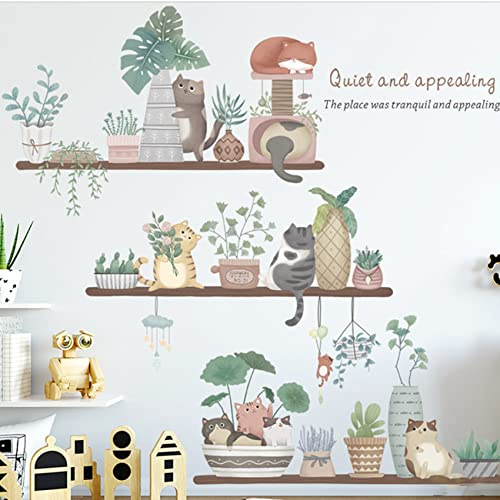 Autocollants muraux en forme de chat mignon et plantes en pot, aquarelle, autocollants muraux amovibles pour pots de fleurs et feuilles de plantes, autocollants en vinyle pour enfants, bébés, salon,