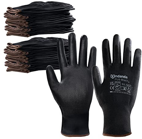 ANDANDA Gants de Travail Lot de 24 Paires, Gants Mecanicien Tricoté sans Couture, Paume et Doigt Enduit PU, Bonne Adhérence, Gant Bricolage, l'Entreposage, la Logistique, l'Assemblage, Noir, M