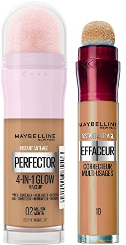 Maybelline New-York - Duo Teint - Perfecteur de Teint Illuminateur Instant Glow Perfector 4-in-1 + Anti-Cernes/Correcteur Instant Anti-Age L’Effaceur - Click Iconique (Medium)