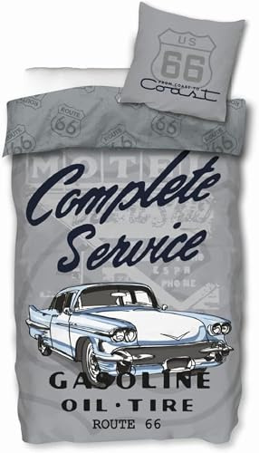 SkyBrands Route 66 Bettwäsche-Set 135x200 cm & Kopfkissenbezug 80x80 cm - Wendebettwäsche aus 100% Baumwolle - Renforcé Qualität mit Reißverschluss - Blau/Grau Retro Design