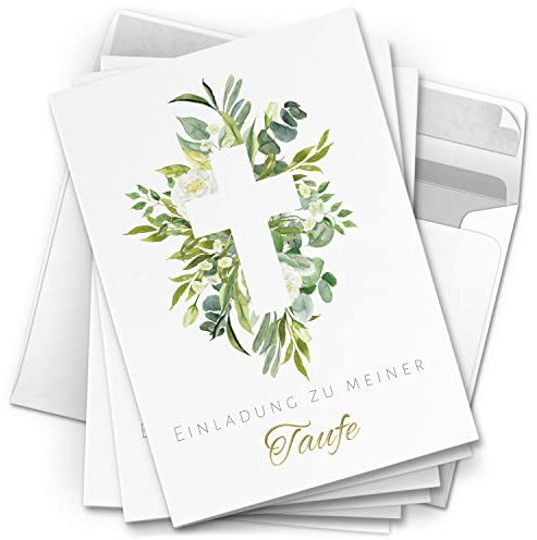 10 Einladungskarten Taufe - Motiv großes Kreuz Blätter - moderne Klappkarten mit Umschlägen - Einladungen zu Taufe Kirche Einladung Karten