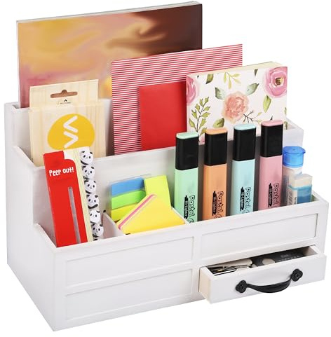 BELLE VOUS Schreibtisch Organizer mit 5 Fächern 4 Schubladen - Stifte Organizer - Aufbewahrungsbox für Zubehör - Behälter für Schulbedarf und Dokumente - Büro Organizer - Weiß