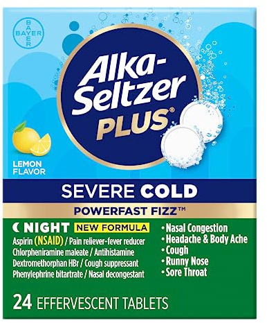 Alka-Seltzer Plus Severe Cold PowerFast Fizz Effervescent Tablets, Nighttime Cold Symptom Relief, 24 Count