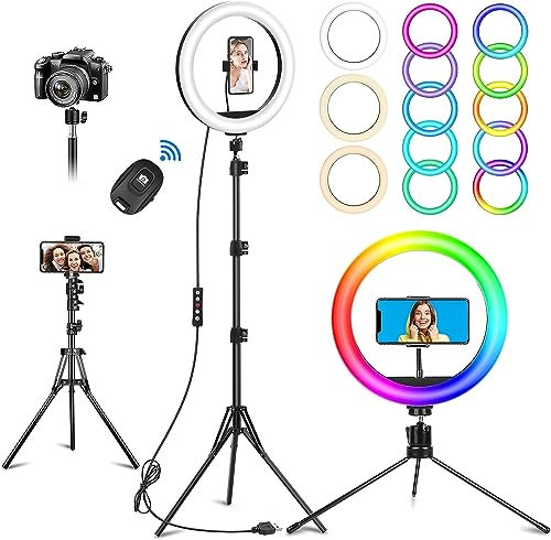 10.3 Selfie Ring Light with Stand and Phone Holder, 73 Tripod, 96 RGB Lighting Modes, Remote for iPhone &Android Camera. LED Halo Light for Photo, Video Recording, TikTok. Circle Ringlight Dimmable