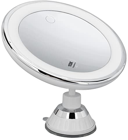 Specchio Ingranditore con Luce, Specchio per Trucco Illuminato Ingranditore 10X con Ventosa, Schiarimento a 3 Colori Dimmerabile, Specchio Cosmetico con Ingrandimento per Bagno