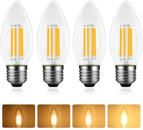 Lampadina Candela Filamento LED E27 4W, Dimmerabile, Equivalenti a 40W Incandescenza, Luce Bianca Calda 2700K, 400LM, Lampadina Trasparente C35, E27 Candela Vintage Luce, Confezione da 4