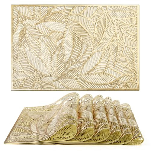 fanquare Rechteckige Tischsets 6er Set, Gold Form des Blattes Platzsets für Weihnachten, rutschfeste Wärmeisolierung Tischsets, Hochzeit, Dinner Parties, Restaurant, 45 x 30 cm