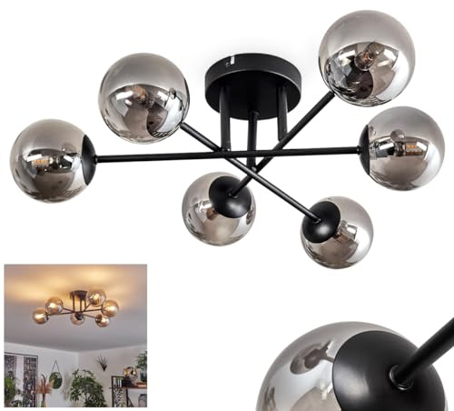 HOFSTEIN Deckenleuchte Chehalis, 6-flammige Deckenlampe aus Metall/Glas in Schwarz/Rauchfarben, Leuchte im Retro/Vintage-Design, Ø Schirme 10 cm, G9, Esszimmer, Schlafzimmer, Wohnzimmer, Küche