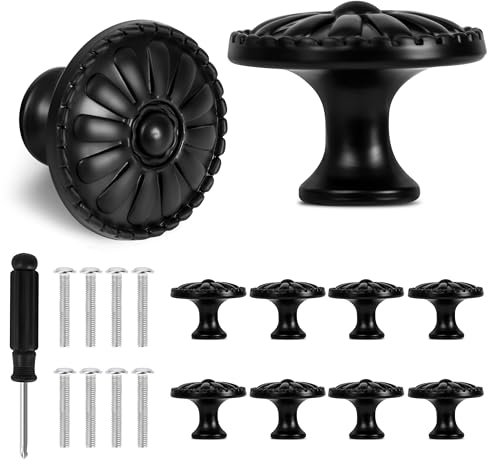 Fyshird 8 Stück Schrankknöpfe Blumen Vintage Möbelknöpfe Schwarz SchrankgriffeTürknöpfe Runde Knöpfe für Schränke Schublade Kommode Kleiderschrank (Schrauben 26mm, 30mm & Schraubendreher)