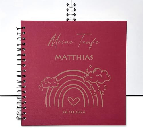 Feenstaub Gästebuch Taufe Regenbogen, Taufalbum personalisiert mit Namen, blanko Erinnerungsalbum, Fotoalbum Leineneinband rot, grün, lila, Ringbuch 25x25 cm, 30-60 Blatt, für Mädchen und Jungen