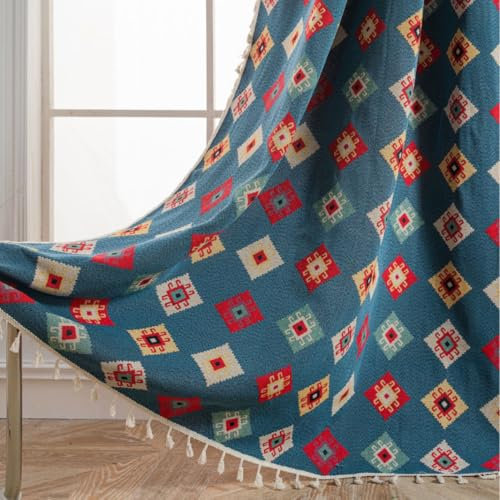 USTIDE Tribal Geometric Curtain Boho Style, Colorful Vintage Jacquard Weave with Tassels, Semi Blackout Rod Pocket Window Curtain for Bedroom, 1 Panel, 150x160 cm