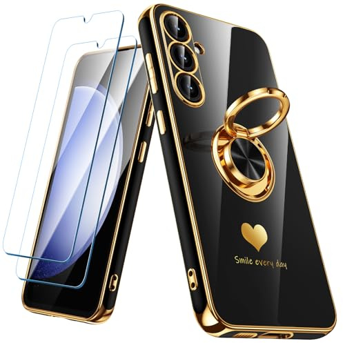 Nonional for Samsung Galaxy S23 FE 5G Case with 2 Pack Screen Protector, 360° Rotatable Ring Holder [Luxury Hearts Pattern] Plating Gold Edge Slim Soft Phone Cover Case for Galaxy S23 FE - Black