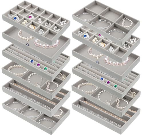 12pcs Jewellery Organiser Tray for Drawers, Velvet Removable Dividers Jewelry Drawers Organizer Trays, Jewelry Storage Display Trays for Necklace Earring Ring Bracelet, 6 Style Grey (Multi -grid)