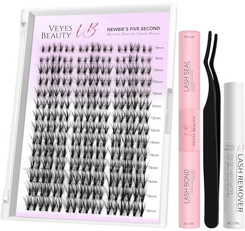 VEYESBEAUTY Wimpern Extensions Set Cluster Lash Extension Whisper 8-16mm | Newbie's Five-Second Wimperncluster Wispy Cluster Lashes DIY Cluster Wimpern Falsche Wimpern Lash Bond And Seal