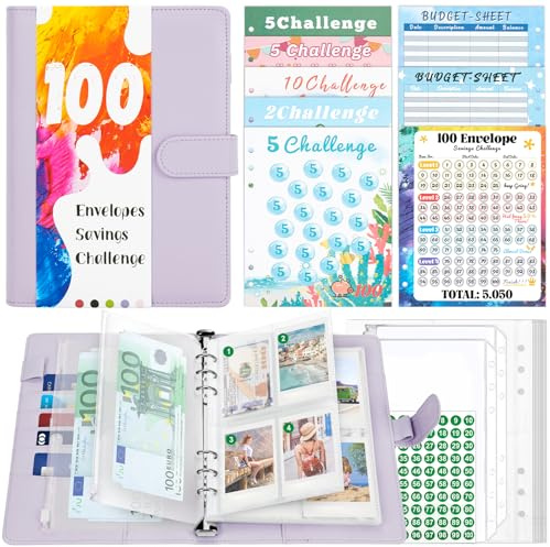 Taope A5-Ringbuch aus PU-Leder, 100 Umschläge, nachfüllbar, violett, mit transparenten Kunststoffumschlägen
