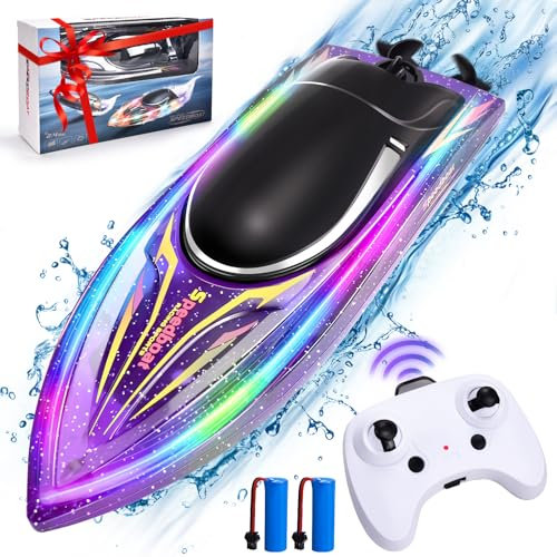 YOOHBERRYS Ferngesteuertes Boot, 2.4 GHz RC Boot, Motorboot Ferngesteuert Kinder mit DREI Mode LED-Licht und 2 Batterien, 15KM/H Rennboot Speedboot für Meere, Pools und Seen (Purple)