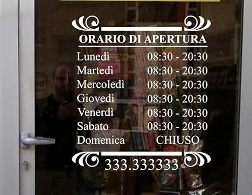 Orari di apertura adesivo SMALL TIME bianco PERSONALIZZATO per vetrine negozi, uffici, bar, ecc