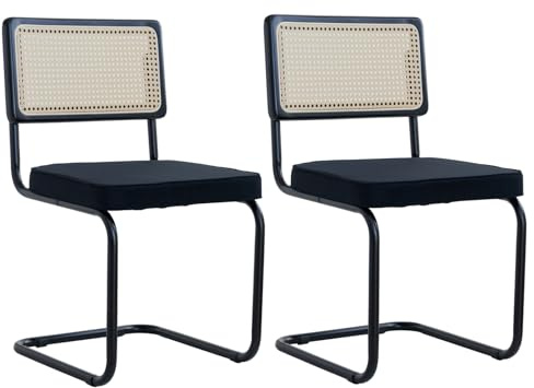 GrandCA HOME Esszimmerstühle 2er Set, Gepolsterte Rattan-Küchenstühle, Rattan-Rückenlehne-Stahlgestell, Geeignet für Esszimmer/Büro/Küche/Schlafzimmer/Konferenzraum/Konferenzraum(Schwarz,2)