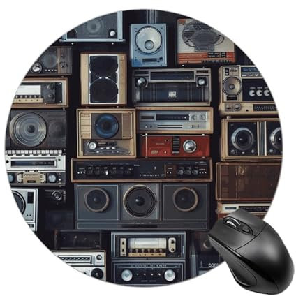 Vintage Wall of Radio Boombox Round Mousepad for Desk Small Travel Mouse Pad with Non-slip Rubber Base Waterproof Gaming Mousemat Cute Computer Mouse Mat for Wireless Computers Laptop Office Home 20*2