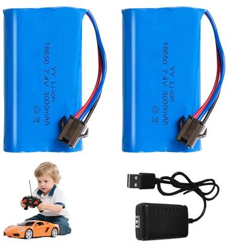 XPJBKC 7.4 V Li-ion Battery, 2 Pcs 3000mAh Rechargeable Lithium Lonen Batterien, Li-ion Akku with Ladekabel, Rechargeable Battery für RC Fahrzeuge, Panzer, Auto, Stunt Car, Roboter