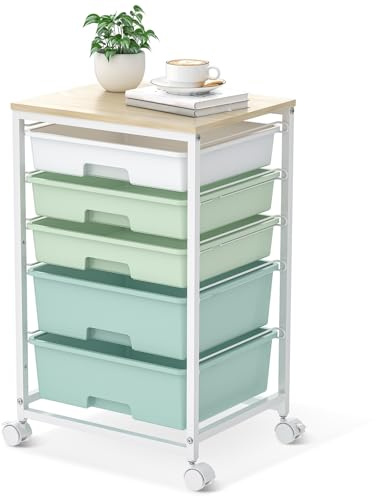 SYKIARIOL Storage Trolley with 5 Drawers, Rolling Storage Cart on Wheels with Drawers, Storage Drawers Cart Organizer Unit for Living Room,Bedroom,School,Beauty, Easy Movement, Green