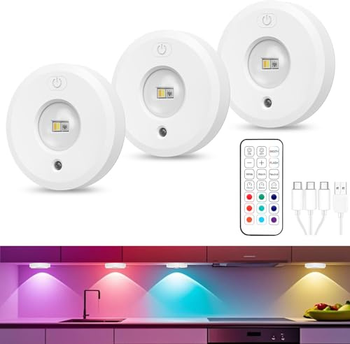 OQIMAX LED Spots Akku mit Fernbedienung/Berührungskontrolle，RGB Farben und 3 Farbtemperaturen Magnetische Unterbauleuchte Dimmbar, Timer, Tragbar für Küche, Schrank, Schlafzimmer, 3 Stück