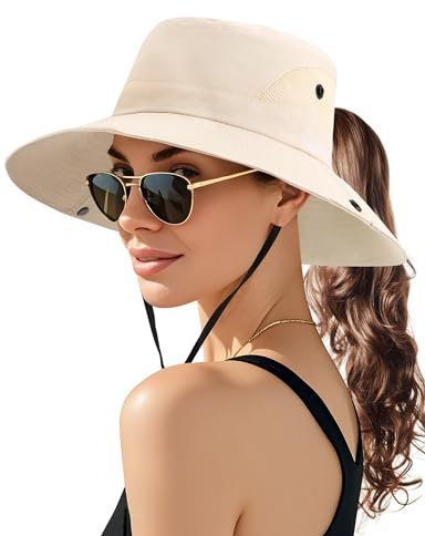 Becellen Sonnenhut Damen, UV Schutz Sonnenschutz Hut Sommerhut Breite Krempe mit Pferdeschwanzloch Outdoor Anglerhut Wanderhut Tropenhut Safari Hut