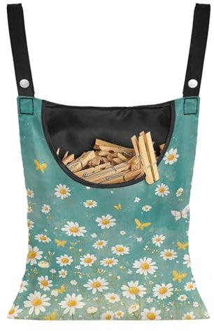 Hzeswody Clothespin Bag for Clothes Pin Holder for Outside and Clothes Line Pins, Clothes Pin Hanging Bag Fits Outdoor Laundry Clothesline - Daisy Pattern