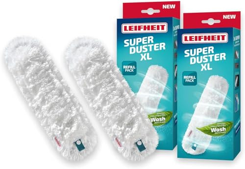 Leifheit Staubwedel Bezüge SUPERDUSTER XL 2er Set, Staubwischer waschbar | 360°, langlebig, Mikrofaser nimmt Staub, Haare und Allergene auf, bis zu 50x bei 40 °C waschbar, für große Flächen, weiß