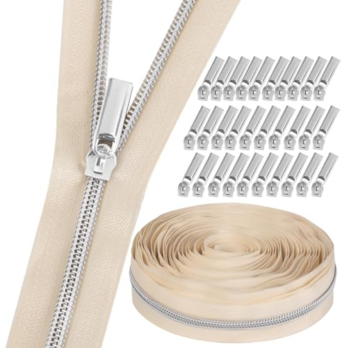 GUBOCA 9 m lång dragkedja, nylon dragkedja för meter sömnad med 30 delar tillbehör (silver, beige)