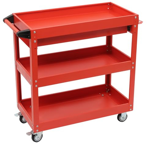 Rot Rollender Werkzeugwagen, 3-stufiger Werkzeugwagen mit Lagerschublade, für Werkstätten, Garagen, Lagerhäuser, Baustellen 76.3 * 35.3 * 83.5cm